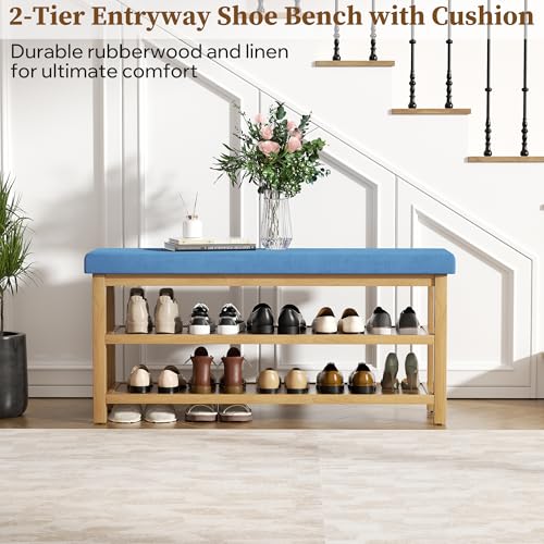 2 Tier Shoe Rack Bench with Cushion, Rubberwood Shoe Benches, Mid-Century Modern Shoe Storage Bench for Entryway, Hallway, Living Room, Closet, Front Door Entrance, Blue - color: Blue