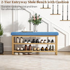 2 Tier Shoe Rack Bench with Cushion, Rubberwood Shoe Benches, Mid-Century Modern Shoe Storage Bench for Entryway, Hallway, Living Room, Closet, Front Door Entrance, Blue - color: Blue