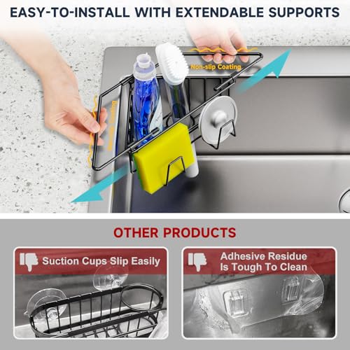 NiHome Extendable Arm Stainless Steel Kitchen Sink Corner Caddy, Easy Install Space-Saving Adjustable Sponge Holder, Non-Slip Rust-Resistant for Brushes, Soap, Sponges (Black) - color: Black