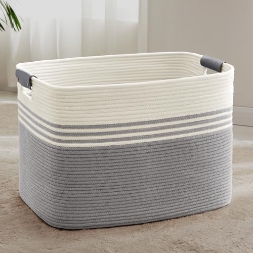 100L Extra Large Laundry Basket with Leather Handles for Living Room Storage, Woven Rope Baskets for Blanket, Kids Toy, Gifts, Wicker Hamper for Bedroom Dirty Clothes, 24"x16"x16" White Grey - color: Grey, size: 100L