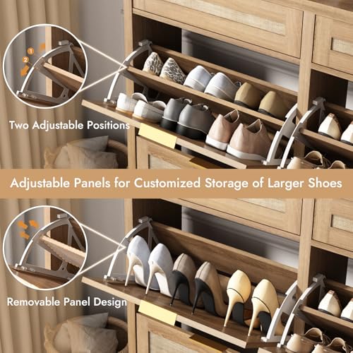 HOKYHOKY Large Rattan Shoe Storage Cabinet with 4 Flip Drawers & 2 Storages–Hidden Slim Shoe Organizer for Entryway, Large Tabletop Space, Farmhouse Boho Narrow Shoe Rack, Rustic Oak - color: Rustic Oak, size: 4 Flips