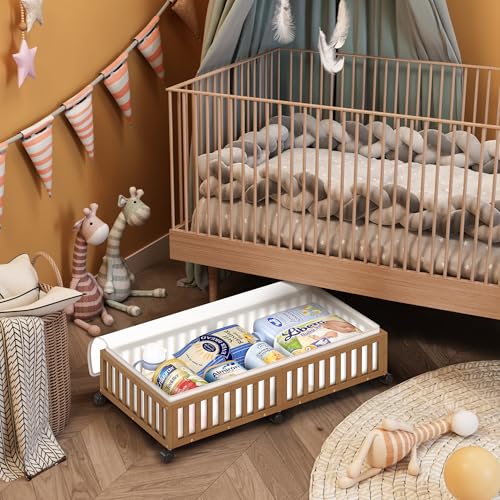 Bamboo Under Bed Storage Containers with Wheels, 2 Pack Large Under the Bed Shoe Storage Bins, Wood Rolling Underbed Drawers Organizer for Bedroom Closet Clothes Blanket Under Crib Toy Walunt - color: Brown, size: 2 PCS (33.07"×16.54")