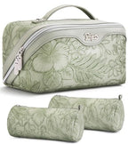 BOYATU Travel Makeup Bags Cosmetic Organizer Bag: 3-Set Large Capacity Make up Bag - PU Leather Toiletry Bags for Women - Wide Open Portable Pouch with Divider & Handle (02-Light Green) - color: 02-Light Green