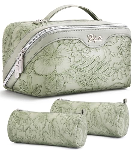 BOYATU Travel Makeup Bags Cosmetic Organizer Bag: 3-Set Large Capacity Make up Bag - PU Leather Toiletry Bags for Women - Wide Open Portable Pouch with Divider & Handle (02-Light Green) - color: 02-Light Green
