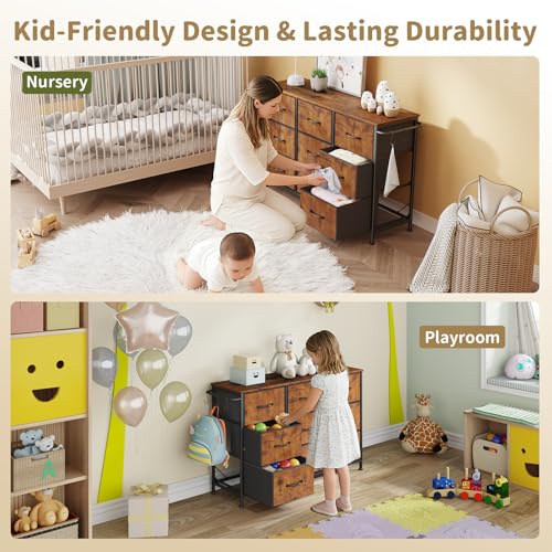 Dresser for Bedroom, Small Fabric Dressers for Kids Bedroom, 9 Drawers Dresser for Closet, Storage Organizer Chest of Drawers for Nursery, Dorm, Apartment, TV Stand, Wood Top, Side Hook (Rustic Brown) - color: Rustic Brown, size: 11.8"D x 39.4"W x 25.6"H