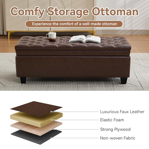 WUTUTUEE 50" Faux Leather Storage Ottoman Bench, End of Bed Upholstered Rectangle Storage Ottoman Tufted Living Room Bedroom Bench with Safety Hinge, Solid Wood Legs, Loads 500 lb(Dark Rrown) - color: Dark Brown