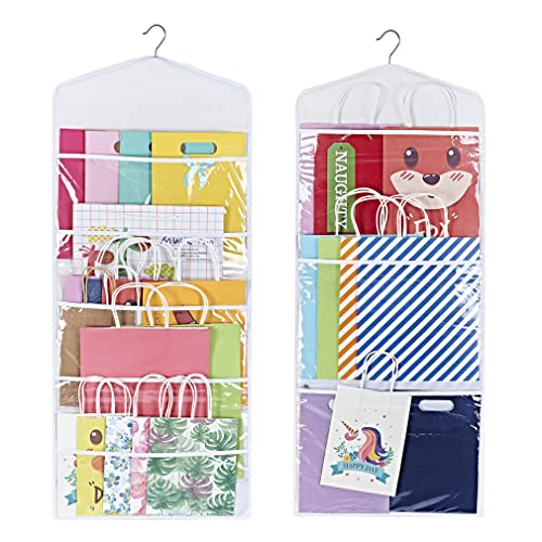 ProPik Hanging Double Sided Gift Bag Storage Organizer with Multiple Front and Back Pockets - Organize Your Gift Wrap, Tissue Paper, and Paper Bags 38 x 16 Inch PVC (White) - color: White