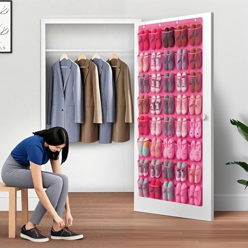 40-Pocket Over the Door Shoe Organizer - Large Mesh Pocket Hanging Shoe Organizer,Behind the Door Shoes Storage Holder Hanger - color: Hot Pink