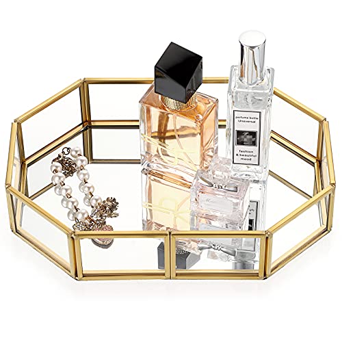 Hipiwe Mirror Glass Vanity Tray - Gold Ornate Makeup Tray Vintage Octagonal Perfume Tray Dresser Trays Jewelry Trinket Organizer for Bathroom Storage Trays for Home Decor - size: 8" x 5.7" x 1.8"