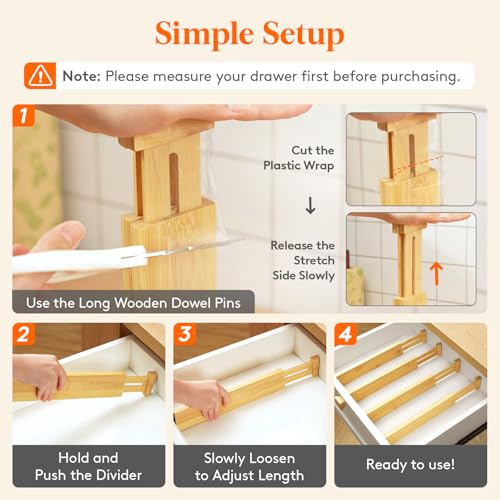 Lifewit 2.4" High 8 Pack Bamboo Drawer Dividers 33-42cm/13-16.5" Adjustable Wooden Drawer Organizer for Clothes/Utensils, Expandable Drawer Separator for Dresser/Kitchen/Bedroom/Office Organization - size: 2.4"H, 13-16.5"L