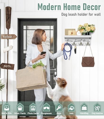 buways Wall-Mounted Key and Mail Holder, Wooden Key Rack with 4 Double Key Hooks, Rustic Home Decor for Entryway(White) - color: White
