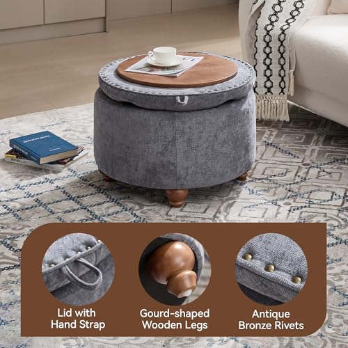 WUTUTUEE 24Inch Round Storage Ottoman with Tray, Modern Tufted Circle Coffee Table with Storage, Upholstered Ottoman with Removable Top for Living Room, Bedroom, Chenille Blue - color: Chenille Blue, size: 24 Inch