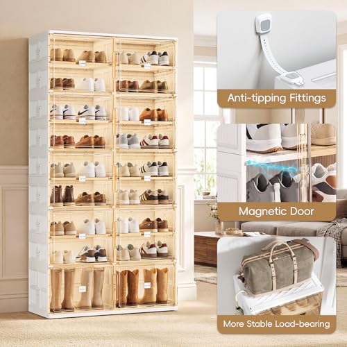JEKO&JEKO 9 Tiers Foldable Boot and Shoe Storage Rack Cabinet for Closet Entryway, Large Collapsible Shoe Organizer with Magnetic Doors (White) - color: Double-row, size: 9 Tiers (8+1 Boots)