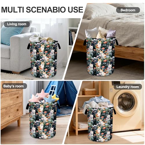 Cat Flowers Laundry Basket Storage Bin Foldable Laundry Hamper Clothes Storage Bucket Organizer 19.6x15.7 Inch For Laundry Room/Bedroom/Bathroom - color: Cat Flowers