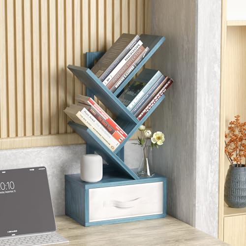 SHEEPAM Small Book Shelf with Drawer,4 Tier Black Tree Bookshelf,Blue Desktop Bookcase,Modern Desk Display Storage Bookshelves,Floor Standing Organizer Bookcases for Living Room,Bedroom,Office - color: Navy Blue, size: 4 Tier