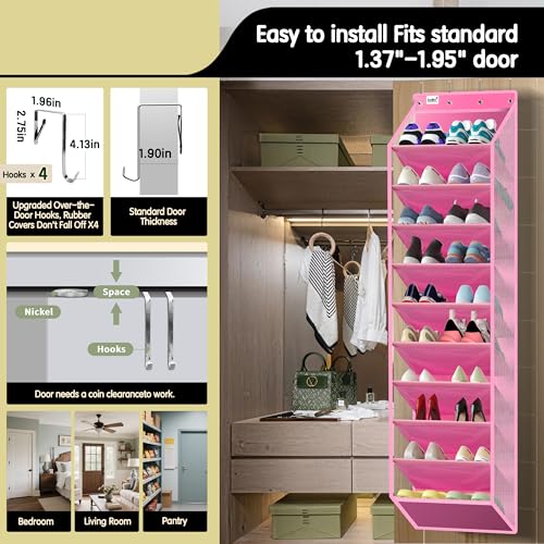 Kotkn 10 Tier Over The Door Organizer - Heavy Duty Hanging Storage Rack with Sturdy Oxford Fabric, Holds 20+ Pairs of Footwear, Boots & Sneakers, Saves 50% Closet Space! (Pink) - color: 10-cell Pink