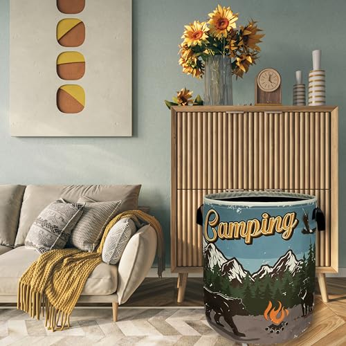 Retro Camping Mountain Bear Laundry Basket Foldable With Handles Tote Bag Oxford Cloth Funny Laundry Hamper Clothes Storage Bucket Toy Organizer For Bathroom/Laundry/Bedroom 18.9" x 16.5 " - color: Retro Camping With Mountains Bear