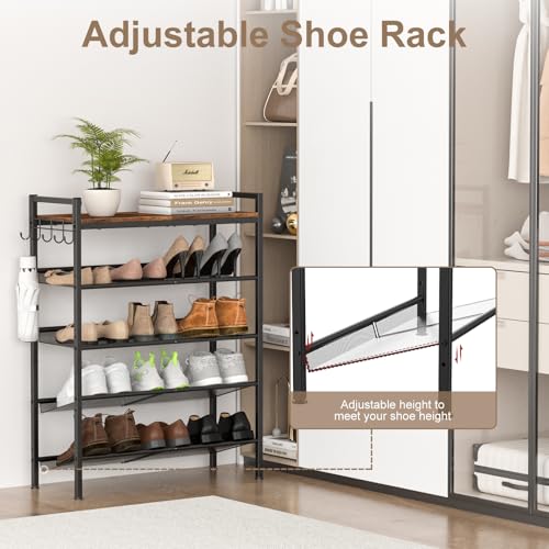 Refrze Shoe Rack for Front Door Entrance, 5 Tier Height-Adjustable Metal Shoe Rack, Sturdy Wooden Top and Tiltable Steel Frame Heavy Duty Shoe Organizer for Bathroom,Bedroom,Kitchen，Include Hook - color: Brown + Black, size: 5-Tier (11.8"D x 29.1"Wx 38.7"