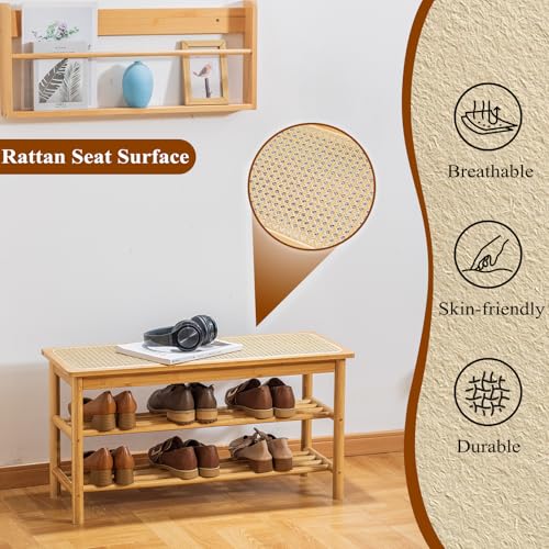 Bamboo Entryway Bench with Woven Rattan Seat, 2-Tier Shoe Storage Bench for Hallway & Entryway 31.5 inches Nature - color: Nature, size: 31.5 inch