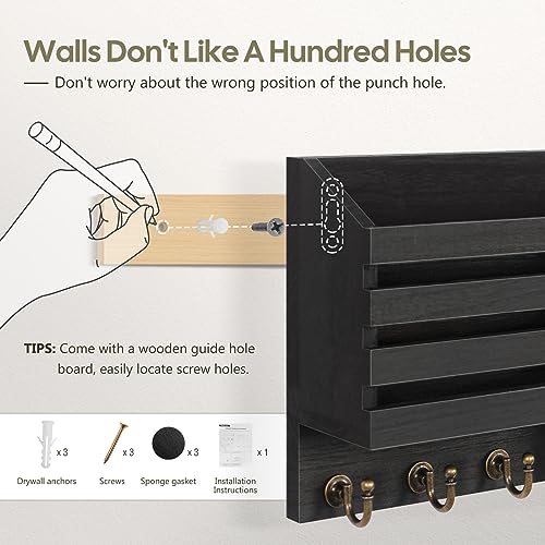 FifthQuarter Key Holder for Wall: Easy Mounted Key Rack and Mail Organizer with Store Shelf and Four Sturdy Keys Hooks Decor in Kitchen|Farmhouse|Entryway|Mudroom (Black) - color: C-Black