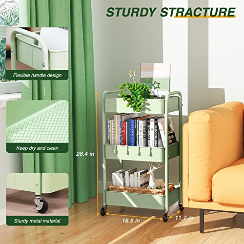 LEHOM 3 Tier Rolling Storage Cart, Metal Trolley Utility Cart with Wheels & Hooks, Easy Assembly Organizer Storage Cart for Bathroom Kitchen Office Bedroom - color: Green
