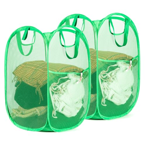 HOUSE AGAIN 2 Pcs Pop Up Laundry Hamper, Strong Mesh Laundry Baskets Collapsible, Hamper with Handles and Side Pocket, Portable Foldable Dirty Clothes for Dorm, Laundry room and Travel Storage, Green - color: Green, size: 2-Pack