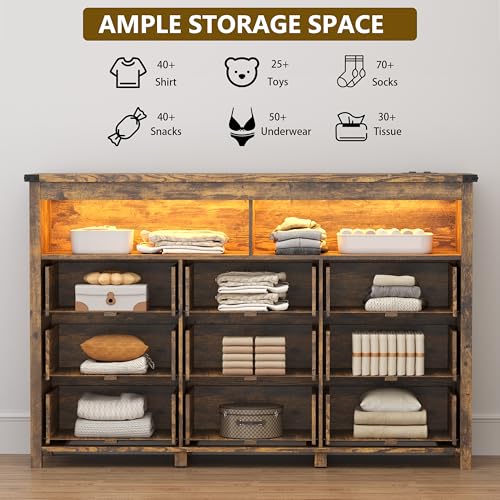 Dresser for Bedroom with 9 Drawers, Wide Chest of Drawers with LED Light and Power Outlet, Wooden Closet Organizer Clothes Storage Cabinet, Modern Double Dressers for Living Room, Hallway, Brown - color: Brown, size: 15.8"D x 59.1"W x 39.4"H (9 Drawers)
