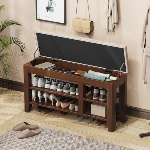 Shoe Bench for Entryway, Solid Rubberwood Shoe Bench with Hidden Storage, Adjustable 2-Tier Shelves & Soft PU Leather Seat, Shoe Rack Durable Easy Assembly for Hallway or Bedroom - Beige, 39.4" - color: Beige, size: 39.4"W x 11.82"D x 20.47"H
