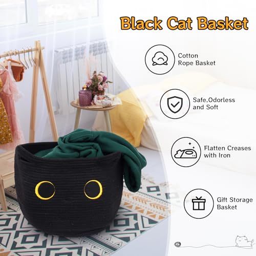 Cute Black Cat Round Basket - Cotton Rope Baskets Large Baby Laundry Blasket for Nursery, Woven Blanket Basket Hamper With Handle Toy Storage Basket for Gifts, Baby Shower 14 ×12 inchs 30.5L - color: Black, size: 14 × 12 inches