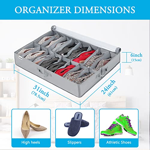 INAYA Under Bed Shoe Storage Organizer 2 Pack, Fits 32 Pairs, Large Underbed Shoe Box Storage Containers, Clear Foldable Shoes Organizer Under the Bed Sturdy Structure with Hard Bottom Support - size: 16+16 Cells (Bottom Support)