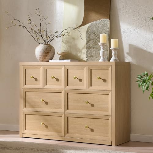 6 Drawers Dresser for Bedroom-46.5" Wide Wooden Chest of Drawers with Large Storage, Long Dresser TV Stand with Drawers, Farmhouse Closet Dressers for Living Room Bedroom, Natural - color: Natural Oak, size: 15.5"D x 46.5"W x 33.6"H (6 Drawers)