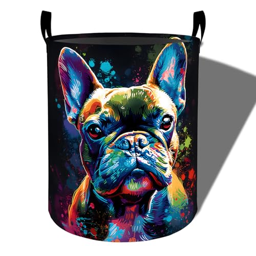 Colorful Neon Bulldog Laundry Basket, Foldable Oxford Cloth, Waterproof Dirty Clothes Hamper with Handles, Clothing Storage Bucket Toy Organizer for Bathroom Bedroom Dorm, 19.7"x15.7" - style: Bulldog 03