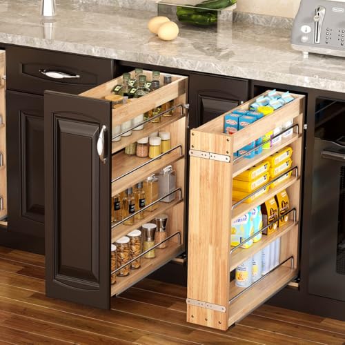 OCG 4 Tier Pull Out Spice Rack Holder Shelves (8" W x 22" D), spice organization for cabinet Storage Organization, pull out spice racks for inside cabinets - size: 8" W x 22" D Wood (4 tier)