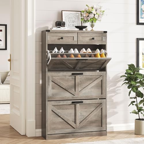 Halitaa Shoe Cabinet with 3 Flip Drawers & 2 Drawers,Freestanding Shoe Storage Cabinet for Entryway,Farmhouse Narrow Slim Organizer Rack for Foyer,Hallway,Grey - color: Grey, style: 3-Drawers