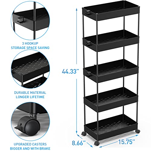 SPACEKEEPER 5-Tier Rolling Cart, Bathroom Storage Organizer Utility Cart, Mobile Shelving Unit Slide Out Shelves for Kitchen Living Room Laundry Room & Dressers, Black - color: Black, size: 5 Tier