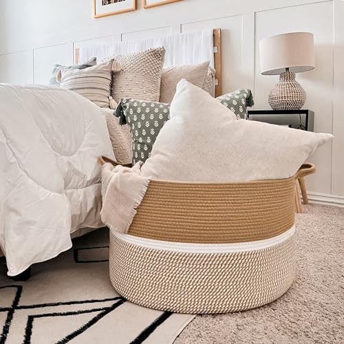 CHICVITA XXL Extra Large Cotton Rope Woven Basket with Handles, Throw Blanket Storage Basket, Decorative Clothes Hamper - 22" x 22" x 14", Brown&White - color: Brown and White