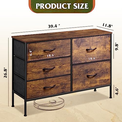 WLIVE Dresser for Bedroom with 5 Drawers, Wide Chest of Drawers for Bedroom, Fabric Dresser for Living Room, Closet, Hallway, Rustic Brown Wood Grain Print - color: Rustic Brown Wood Grain Print
