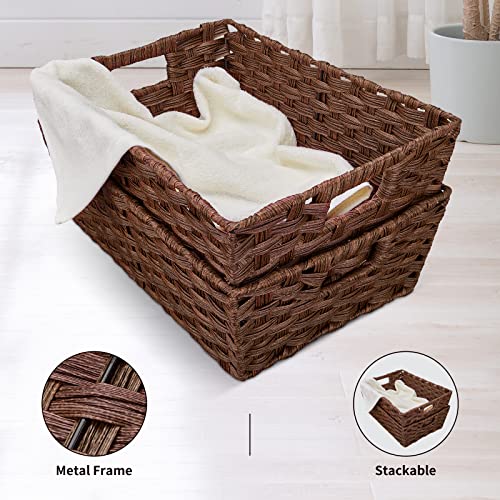 Onlytak Large Wicker Storage Basket, Metal Frame, Set of 2, Washable Waterproof, 15" x 10.3" x 5.2", Brown Color, Woven Basket for Pantry, Toilet, Bathroom, Bedroom, Patio - color: Brown, size: 15" x 10.3" x 5.2"