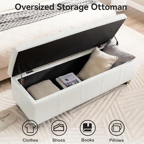 WUTUTUEE 51" Faux Leather Storage Ottoman, Stitch Tufted Rectangle Upholstered End of Bed Storage Bench, Entryway Large Couch Ottoman with Wooden Legs,White - color: White, size: 51 Inch