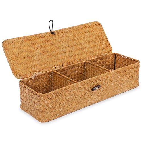 Nonam Seagrass Storage Small Basket with Lid - 3-Section Divided Organizer for Tea,Sugar,Coffee,Tampons - Woven Shelf Bin for Closet, Toilet Tank - Rectangular Narrow Boho Basket Home Decor - color: Small Natural