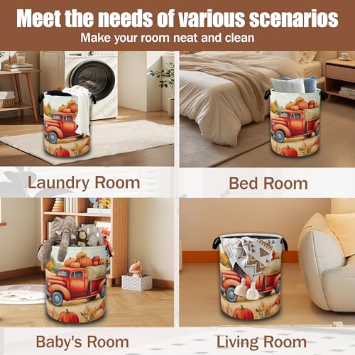 Happy Fall Laundry Hamper,Thanksgiving Day Red Truck and Pumpkin Laundry Baskets,Waterproof Oxford Cloth Toy Storage for Bedroom,Bathroom,Nursery,16x20.8 Inch - color: Happy Fall,Thanksgiving Day Red Truck and Pumpkin