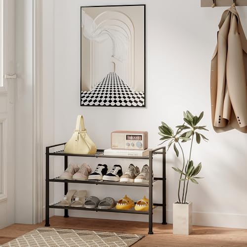 3-Tier Adjustable Shoe Rack, 26.5-Inch Wide Metal Storage Organizer for Closet Entryway, Heavy-Duty Stand for Shoes, Books, or Plants - Easy Assembly (Black) - color: Black, size: 3 Tier