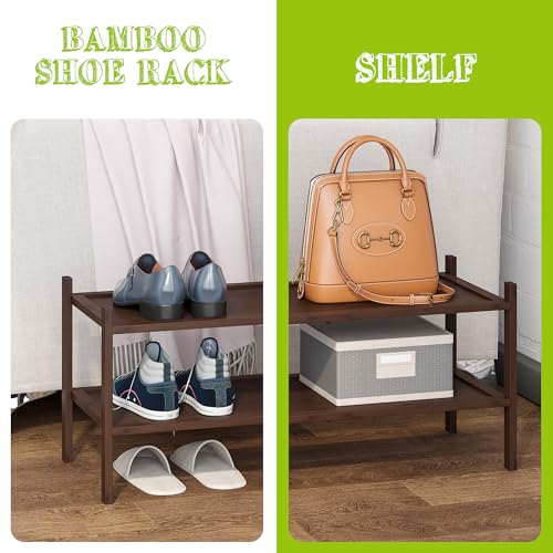 BMOSU 2-Tier Bamboo Shoe Rack Premium Stackable Shoe Shelf Storage Organizer for Hallway Closet Living Room Entryway Organizer(Brown) - color: Brown, size: 2-Tier（27*11*12.6inches）