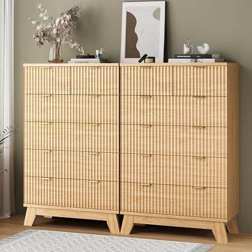 Fluted Dresser for Bedroom with 6 Drawers, 46" Tall Modern Chest of Drawers with Metal Handle, Wooden Dresser TV Stand, Wood Closet Clothes Storage Organizer for Living Room, Hallway, Natural Oak - color: Natural Oak, size: 15.6"D x 31.5"W x 46.1"H (6 Dra