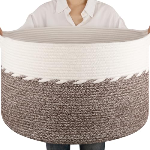 OIAHOMY 90L Blanket Basket for Living Room, Large Basket 23" x 23" x 13" with Handle, Laundry Hamper for Blankets, Pillows, Toy Storage for Kids, Dogs - Brown & White - color: Brown & White, size: 23" x 23" x 13"