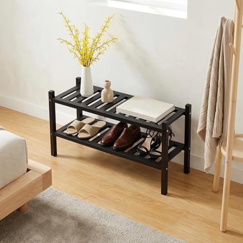 VICTORY RELAX 2-Tier Acacia Wood Shoe Rack - Stackable Entryway Organizer for Closet, Entryway, Easy Assembly, Indoor/Outdoor Storage Stand (Black) - color: Black