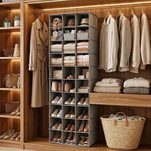 coastal rose Hanging Shoe Organizer for Closet, 30 Sections Hanging Closet Organizers and Storage Shelves Space Saving Shoe Rack Holder Hanger, Grey, 17''W×11.5''Dx 48''H - color: Grey