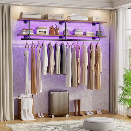 Aheaplus Industrial Pipe Clothes Rack with Top Shelf, 47In Space-Saving Wall Mounted Clothing Rack, 2 Tiers Heavy Duty Pipe Clothing Shelves with Hanging Rod for Laundry Room, Closet, Rustic Brown - color: Rustic Brown, size: 47IN