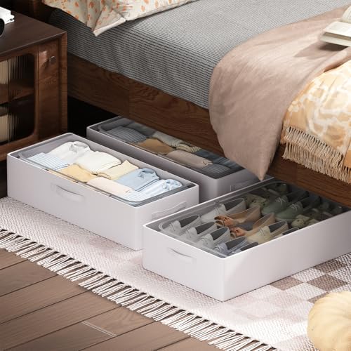 CYhom 3Pcs Under Bed Storage Bins with Metal Frame - Shoe Organizer for Closet with Clear Cover Oxford Fabric Sturdy Underbed Container Foldable Stackable Clothes Organizer (Grey, 23.5x11.8x6.3) - color: Grey, size: 23.5x11.8x6.3