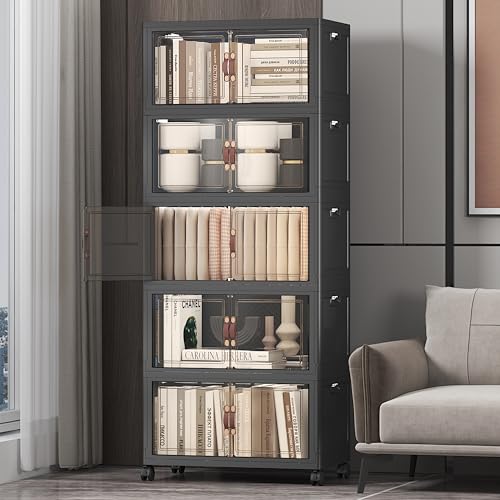 UAMFURI Extra Large Stackable Storage Bins with Lids & Wheels, Foldable Collapsible Closet Organizers Dark Storage Cabinet with Doors for Bedroom Dorm - color: Black, size: 5PACK-20"W12"D54"H